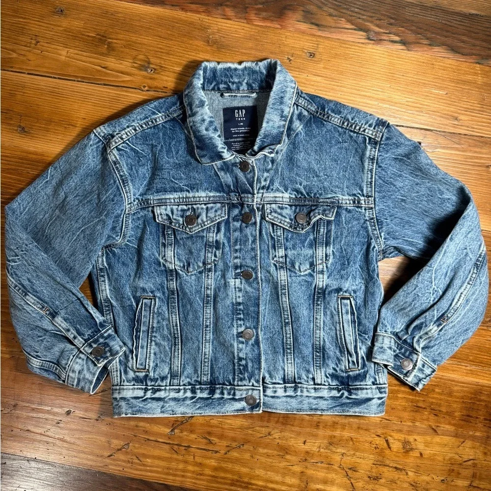 Gap Girls Teen Medium Wash Oversized Denim Jacket relaxed fit 100% cotton L (10)